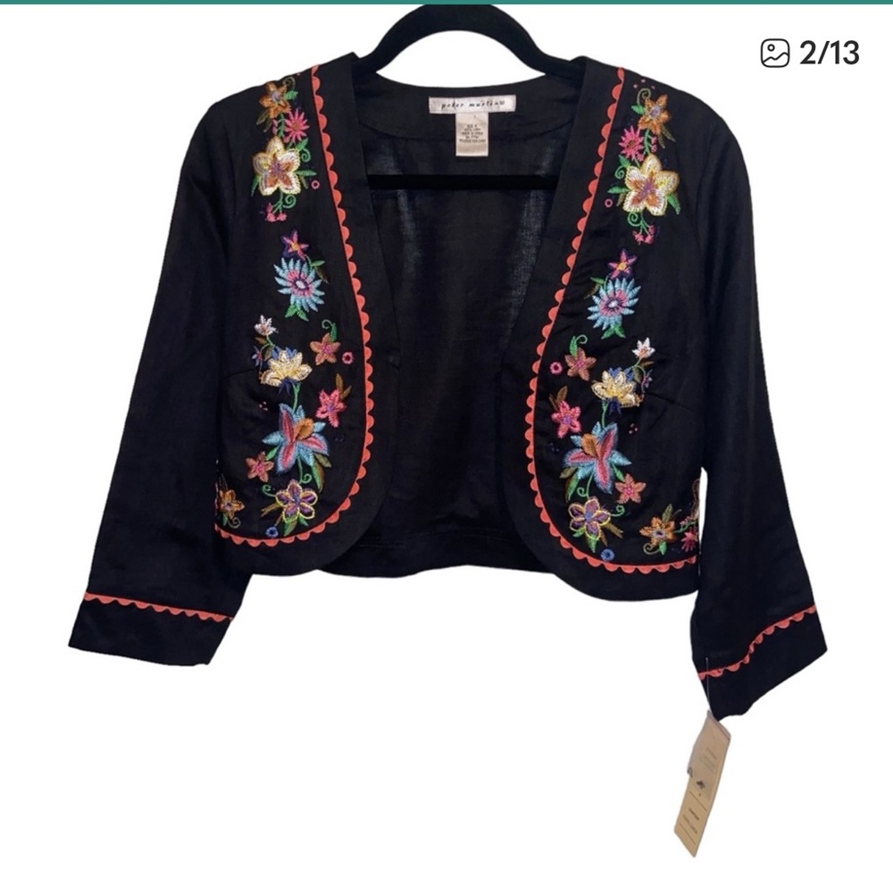 Vintage Peter Martin Bolero Jacket Womens Size 4 Linen Floral Embroidered New - Picture 2 of 7